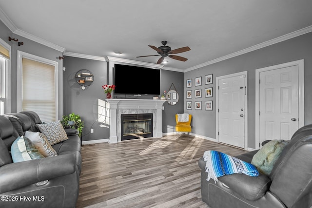 living room with ceiling fan, ornamental molding, wood-type flooring, and a fireplace