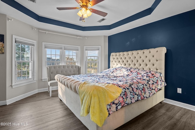 bedroom featuring multiple windows, a tray ceiling, and dark hardwood / wood-style floors