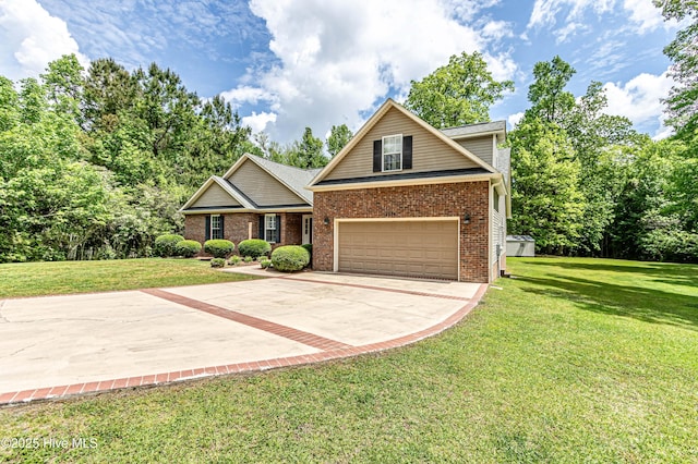 craftsman-style home with brick siding, a front yard, and an attached garage