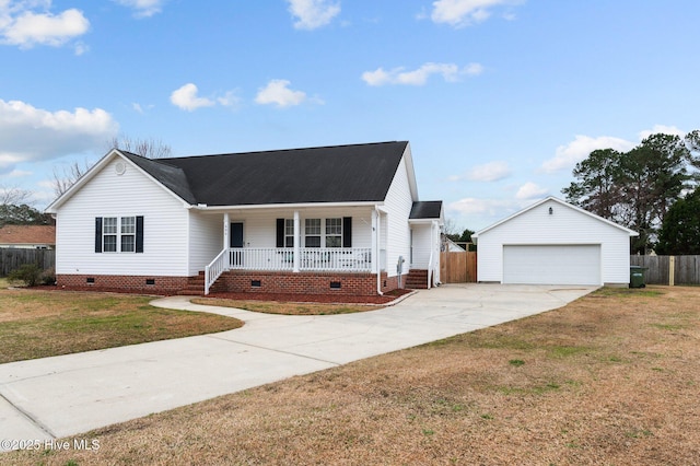 ranch-style house with crawl space, covered porch, fence, an outdoor structure, and a front lawn