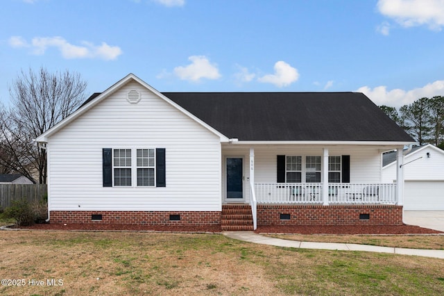 ranch-style home with a porch, a front yard, crawl space, and a garage