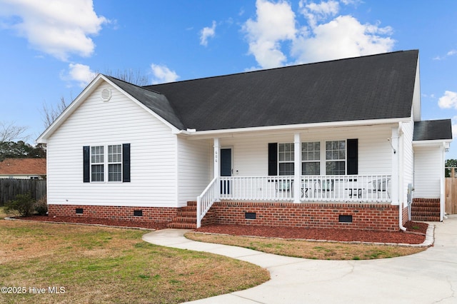 view of front facade with crawl space, a shingled roof, a front lawn, and a porch