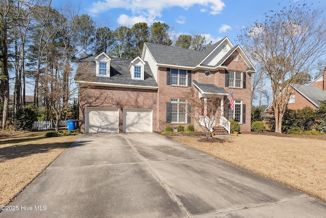 view of front of home featuring concrete driveway, brick siding, an attached garage, and roof with shingles