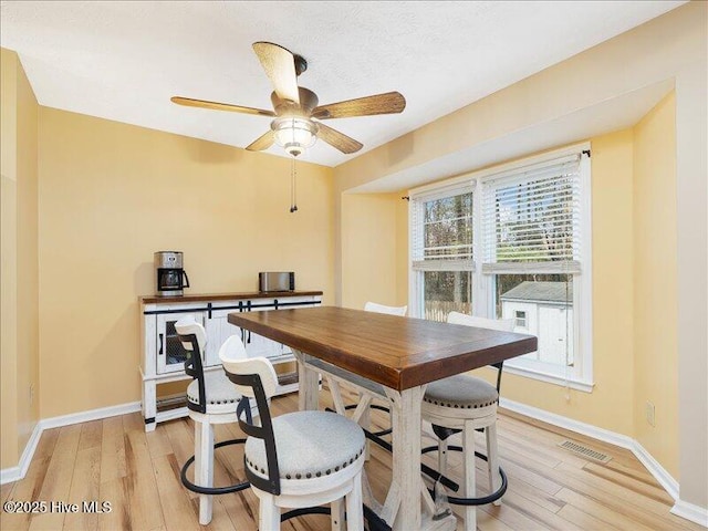 dining room featuring ceiling fan and light wood-type flooring