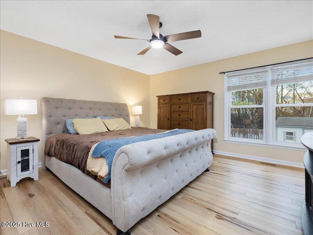 bedroom with ceiling fan and light wood-type flooring