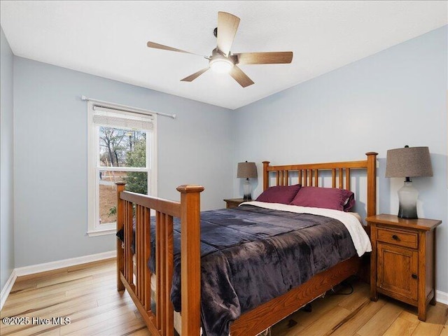 bedroom with light hardwood / wood-style floors and ceiling fan