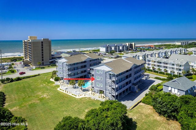 drone / aerial view featuring a water view