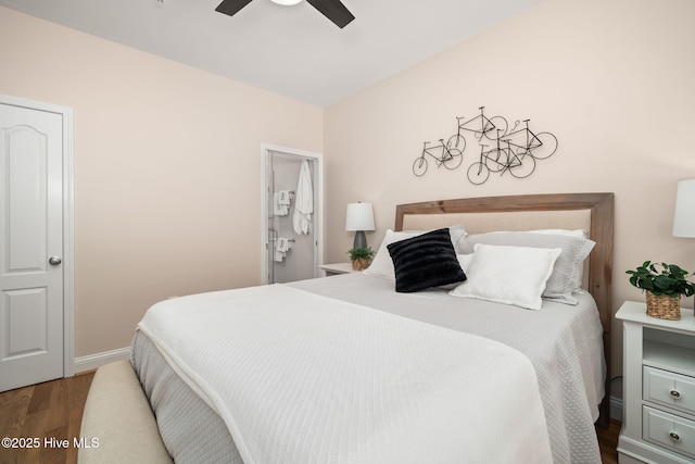 bedroom with ceiling fan, baseboards, and wood finished floors