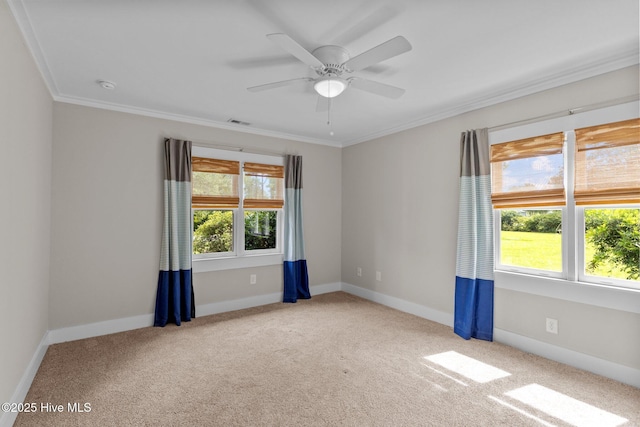 carpeted spare room with ornamental molding, a healthy amount of sunlight, and ceiling fan