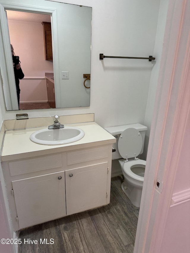 bathroom featuring vanity, hardwood / wood-style floors, and toilet