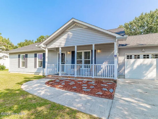 single story home featuring a garage, a front yard, and a porch