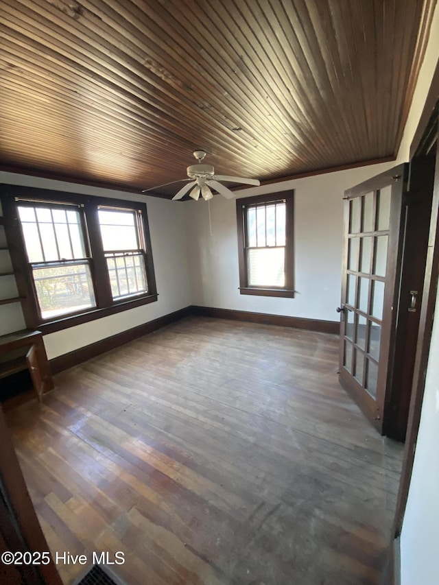 unfurnished room with ceiling fan, wooden ceiling, and dark hardwood / wood-style flooring