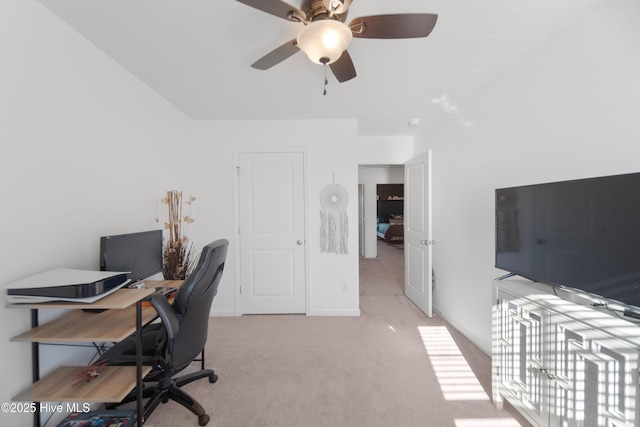 office area with light carpet and ceiling fan