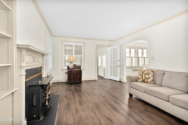 living room featuring ornamental molding, radiator heating unit, and dark hardwood / wood-style flooring