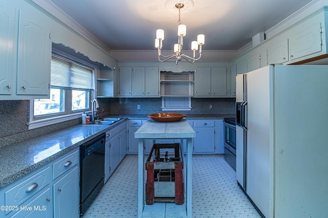 kitchen with black dishwasher, a notable chandelier, decorative light fixtures, sink, and white fridge with ice dispenser