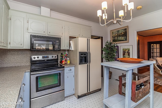 kitchen featuring stainless steel electric range, white cabinets, decorative light fixtures, a chandelier, and white fridge with ice dispenser