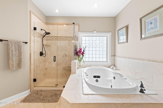 57 Craven St, Ocean Isle Beach, NC 28469 - full bath featuring a stall shower, a tub with jets, tile patterned flooring, and recessed lighting