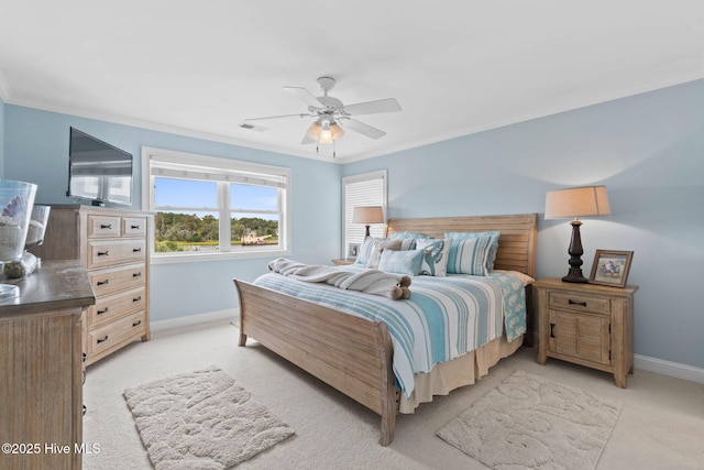 57 Craven St, Ocean Isle Beach, NC 28469 - bedroom featuring light colored carpet, ornamental molding, and a ceiling fan