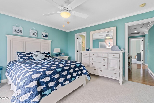 57 Craven St, Ocean Isle Beach, NC 28469 - bedroom with attic access, crown molding, light carpet, and a ceiling fan