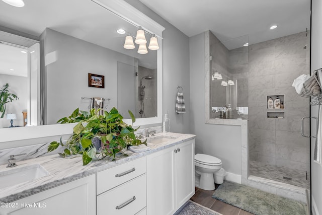 bathroom with vanity, toilet, and an enclosed shower