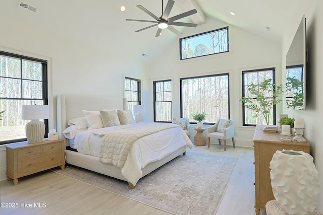 bedroom featuring light wood finished floors, multiple windows, and visible vents