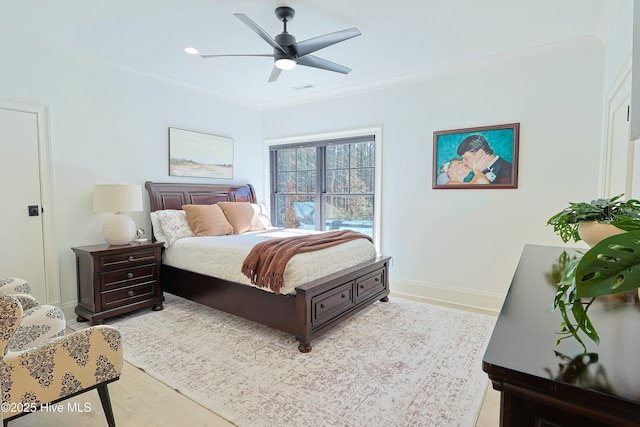 bedroom with recessed lighting, light wood-style flooring, ornamental molding, ceiling fan, and baseboards