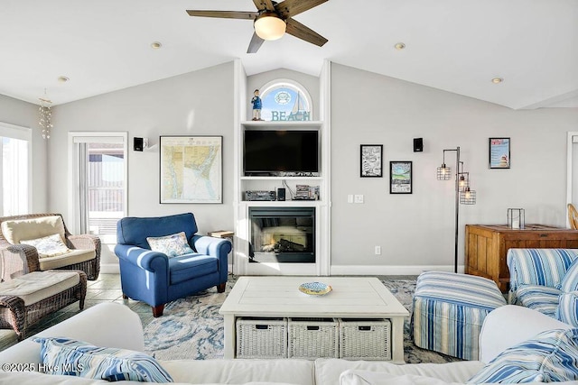 living room with lofted ceiling and ceiling fan