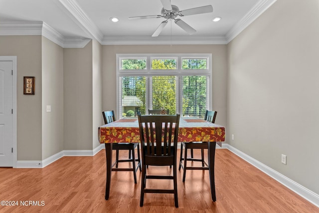 dining space with ornamental molding, ceiling fan, and light hardwood / wood-style floors