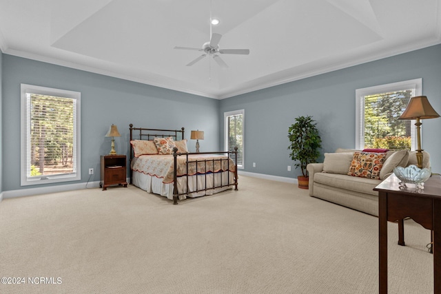 carpeted bedroom featuring ornamental molding, a raised ceiling, and multiple windows