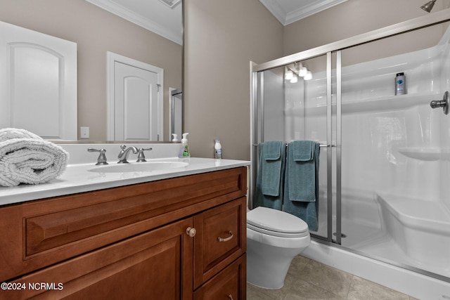 bathroom with tile patterned flooring, ornamental molding, vanity, an enclosed shower, and toilet