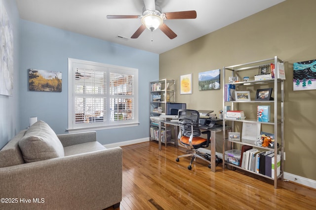 office area featuring ceiling fan and wood-type flooring