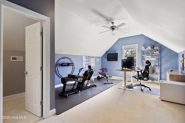 exercise room with lofted ceiling and ceiling fan