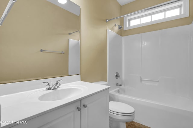 bathroom with toilet, shower / bath combination, tile patterned floors, and vanity