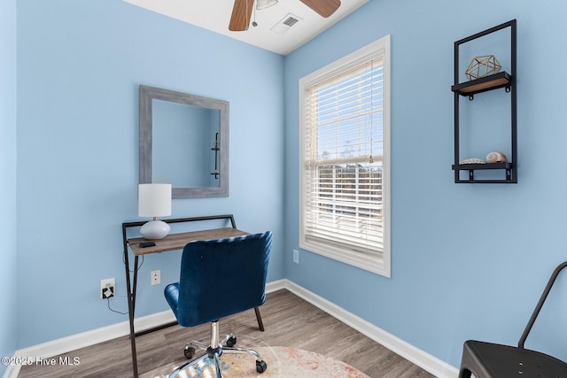 home office with hardwood / wood-style floors and ceiling fan