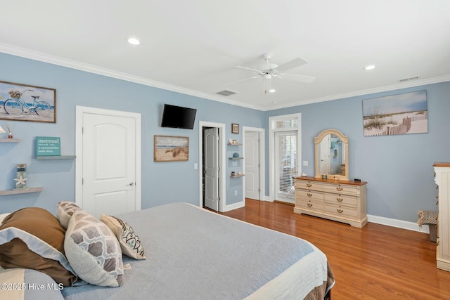 bedroom with ceiling fan, ornamental molding, and wood-type flooring