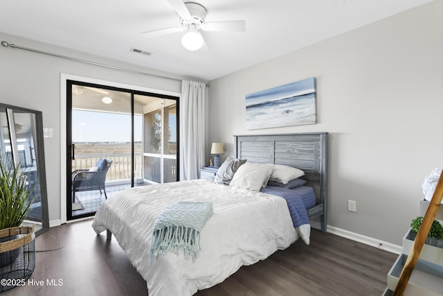 bedroom featuring baseboards, access to outside, visible vents, and dark wood-type flooring