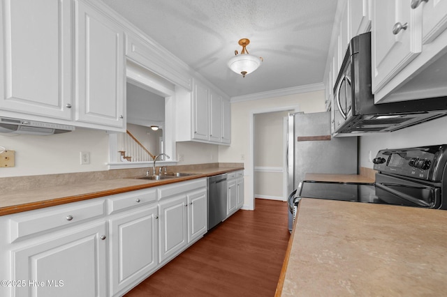 kitchen featuring sink, white cabinetry, black electric range, stainless steel dishwasher, and ornamental molding