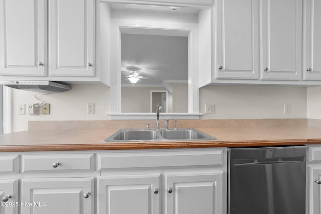 kitchen featuring white cabinetry, sink, dishwasher, and ceiling fan