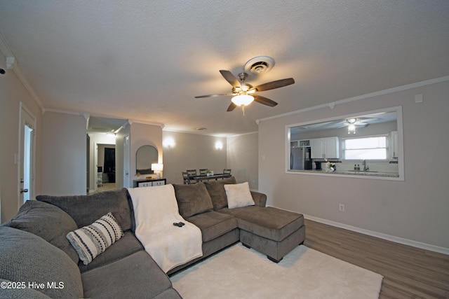 living room featuring sink, crown molding, ceiling fan, wood-type flooring, and a textured ceiling