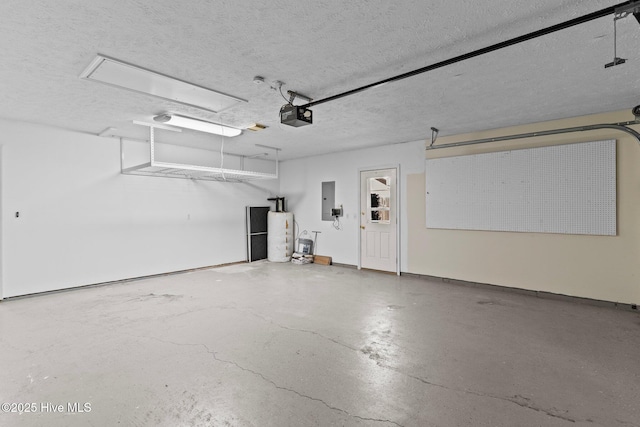 garage with electric panel, water heater, and a garage door opener