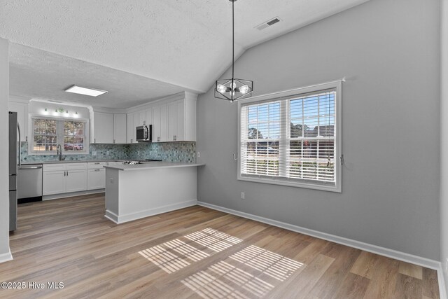 6148 Sugar Pine Dr, Wilmington, NC 28412 - kitchen with appliances with stainless steel finishes, a sink, a peninsula, plenty of natural light, and a textured ceiling