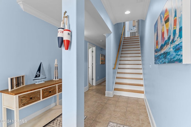 carpeted bedroom featuring multiple windows, access to exterior, ornamental molding, and ceiling fan
