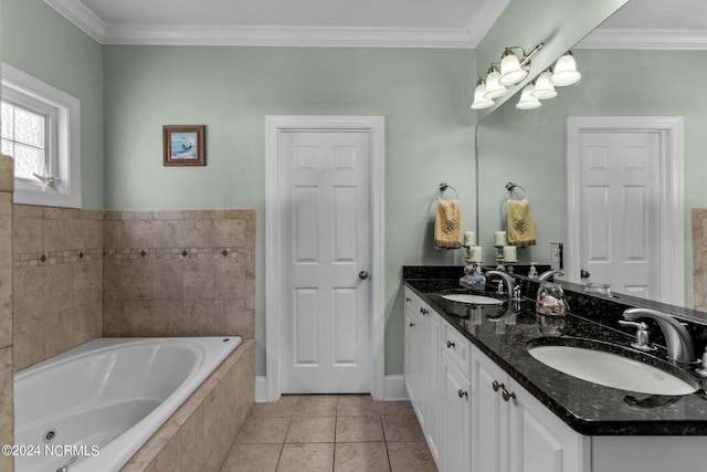 carpeted bedroom featuring ceiling fan, ensuite bath, and ornamental molding