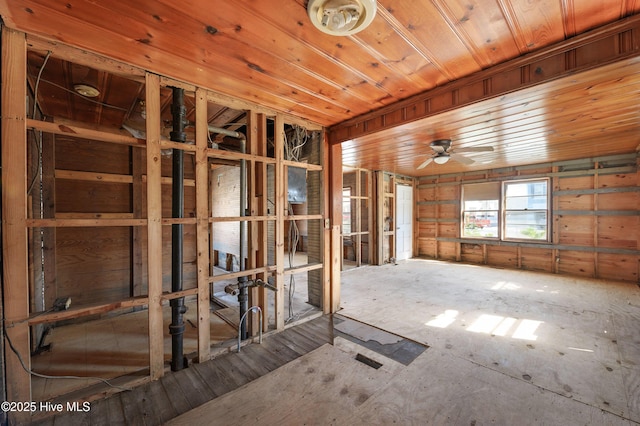 miscellaneous room with wooden ceiling and a ceiling fan