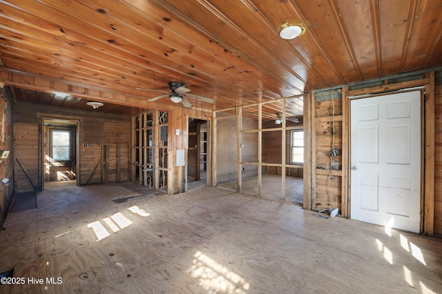 interior space featuring ceiling fan and wooden ceiling