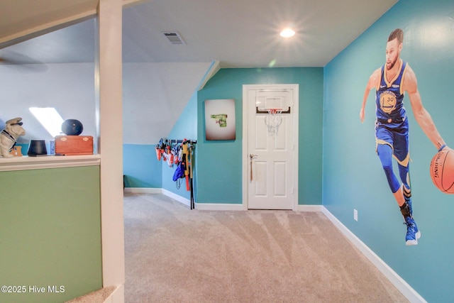 playroom featuring carpet, visible vents, baseboards, and recessed lighting