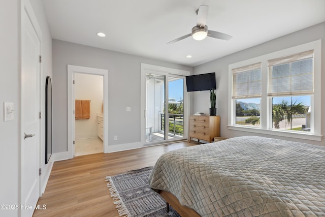 bedroom featuring baseboards, light wood finished floors, recessed lighting, and access to exterior