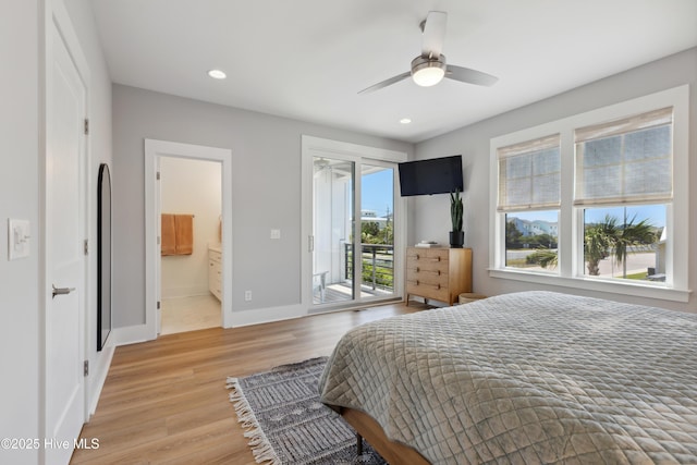bedroom featuring recessed lighting, baseboards, light wood finished floors, and access to exterior