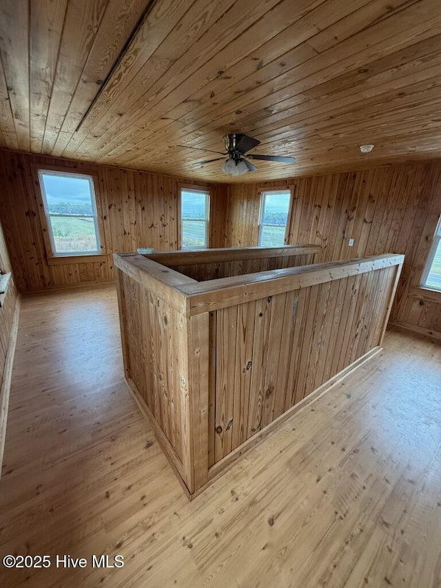 kitchen featuring plenty of natural light, light hardwood / wood-style floors, wooden walls, and wooden ceiling