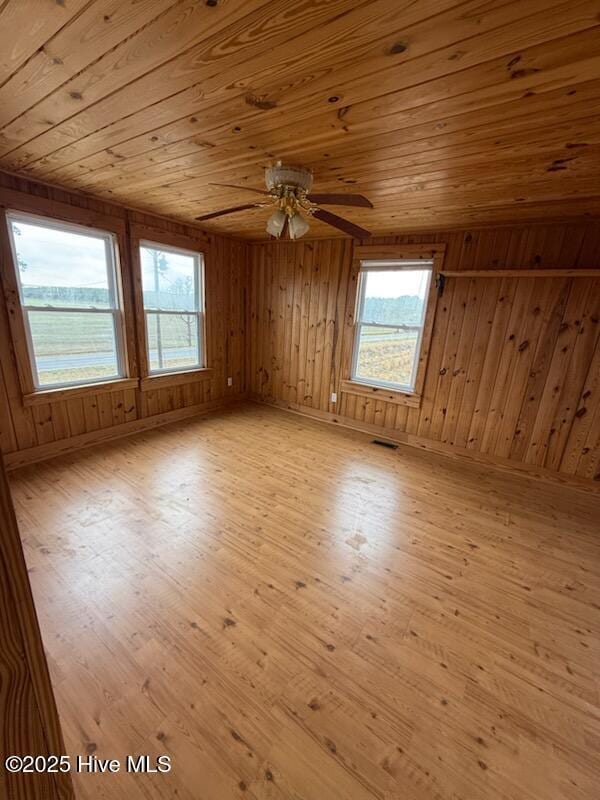 interior space with ceiling fan, wood ceiling, light hardwood / wood-style floors, and wood walls